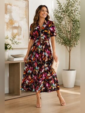 MSK Floral Zip Front Midi Maxi Dress Size L New With Tags